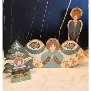 Set of 3 Christmas Holiday Angels Hand Painted Joyce Howard Primitive Style EUC